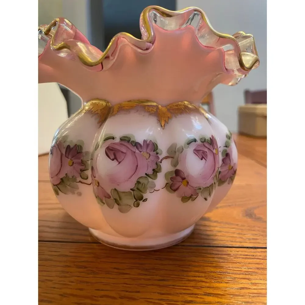 Fenton Melon Ball Charleston Pink Roses Vase Crimped Ruffle Edged Vintage
